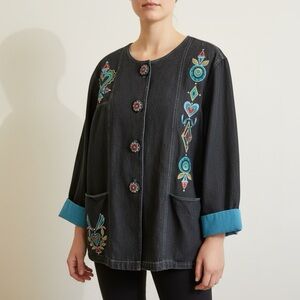 Vtg Bob Mackie Wearable Art Denim Jacket Women’s 2X Black Embroidered Artsy Boho